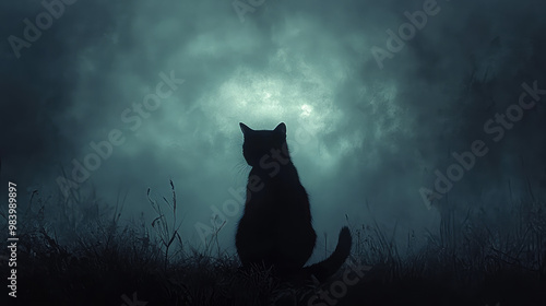 A black cat silhouette appears against a foggy night sky, its form barely visible in the eerie, swirling mist.