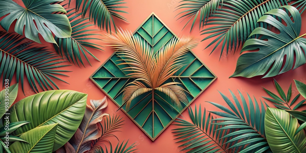 Fototapeta premium Stylized tropical foliage arranged in a geometric pattern on a bright coral surface, with a subtle gradient effect in the center that adds a touch of modernity and sophistication