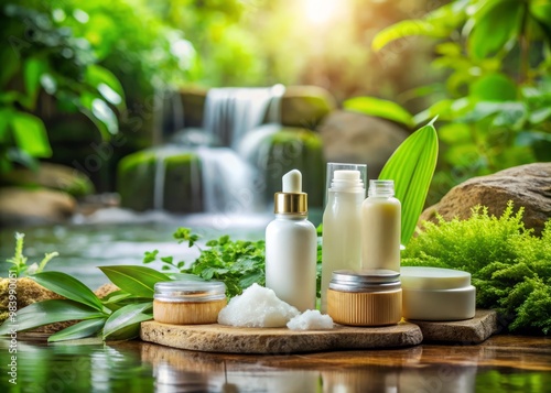 - Gentle, soft focus captures the refined beauty of the skin care products, nestled among the calming surroundings of flowing water and lush greenery.