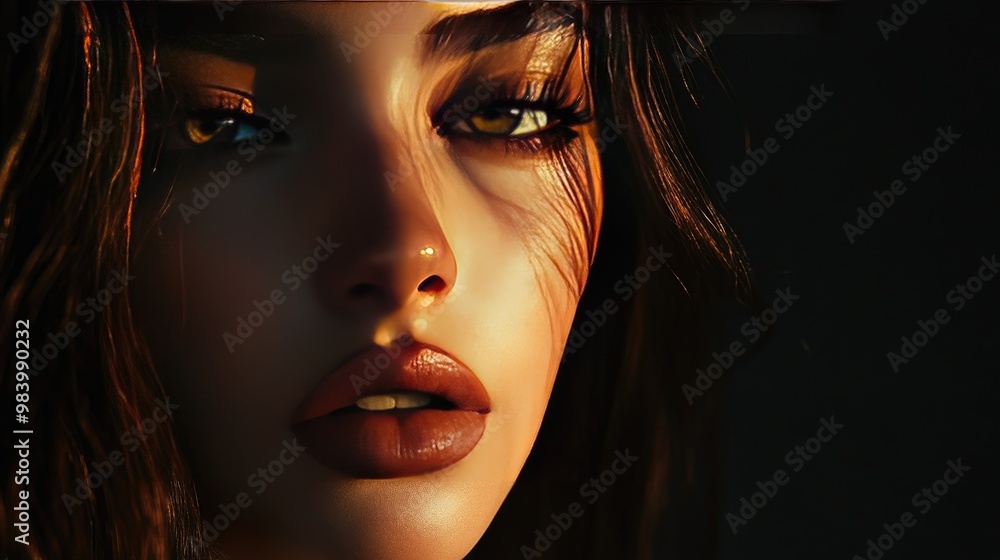 Close-up Portrait of a Woman with Golden Eyes and Brown Hair in a Dark Setting Close-up Portrait of a Woman with Golden Eyes and Brown Hair in a Dark Setting