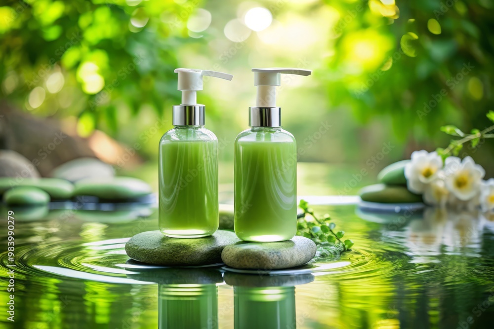Pastel green bottles with white pumps delicately placed on a natural stone amidst soft ripples of water creating a peaceful ambiance under soft focus effects Pastel green bottles with white pumps delicately placed on a natural stone amidst soft ripples of water creating a peaceful ambiance under soft focus effects
