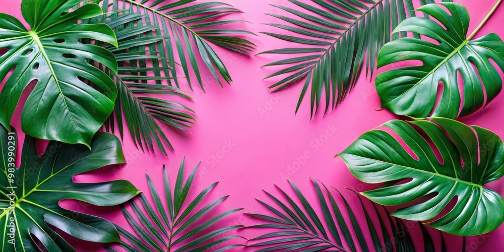 Bright and playful design featuring clusters of palm fronds and monstera leaves against a radiant pink backdrop, ideal for fun and carefree branding Bright and playful design featuring clusters of palm fronds and monstera leaves against a radiant pink backdrop, ideal for fun and carefree branding