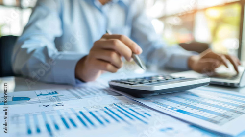 A close up of professional auditor reviewing financial reports with calculator and laptop, showcasing focus and diligence.