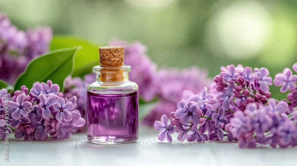 Lilac flowers with essential oil in a glass container placed on a white surface creating a serene natural scene for relaxation and wellness Lilac flowers with essential oil in a glass container placed on a white surface creating a serene natural scene for relaxation and wellness