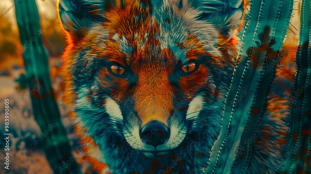 Fox's face framed by desert cactus, vibrant colors, double exposure silhouette effect, nature and wildlife concept, copy space Fox's face framed by desert cactus, vibrant colors, double exposure silhouette effect, nature and wildlife concept, copy space