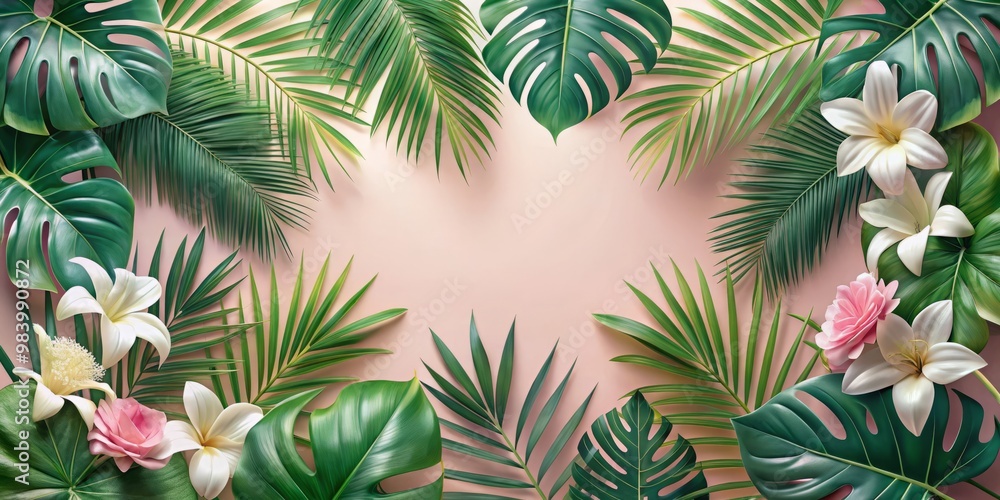 A soft ombre effect transitions from a bright pink to a creamy white at the center of the composition framed by a beautiful arrangement of tropical leaves in shades of green and turquoise A soft ombre effect transitions from a bright pink to a creamy white at the center of the composition framed by a beautiful arrangement of tropical leaves in shades of green and turquoise