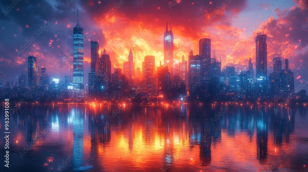 Obraz premium Fiery Urban Skyline at Sunset Generative AI