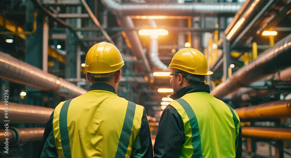 Two Construction Workers in a Pipe-Filled Industrial Setting Two Construction Workers in a Pipe-Filled Industrial Setting