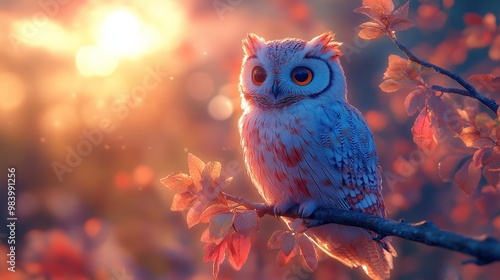 Adorable Owl Perched on a Tree Branch at Sunset Generative AI