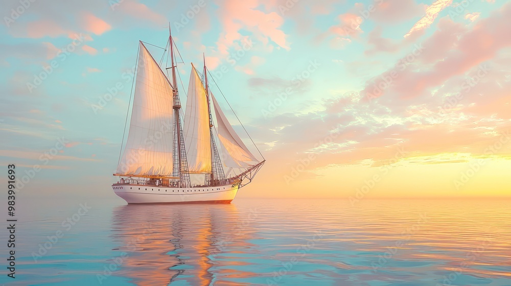 Fototapeta premium An off-white painted sailing ship on a calm ocean at dawn, with the sails catching the first light of the sun against a pastel sky