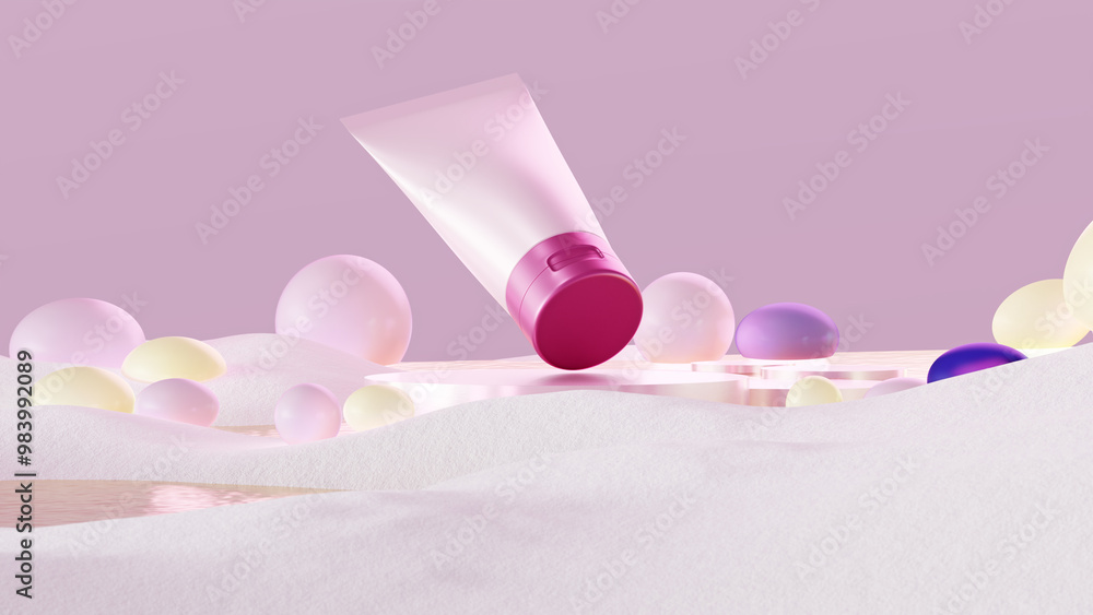 cosmetic cream tube display on colorful pink background 3D rendering