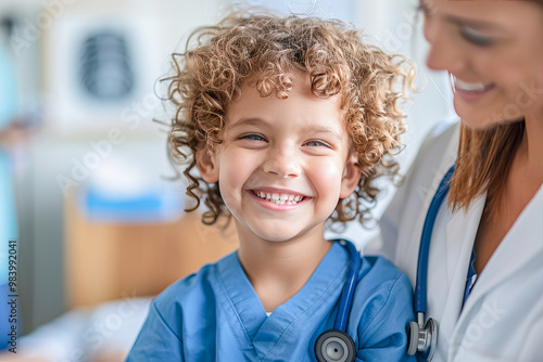 Portrait of smiling boy wearing scrubs with doctor standing nearby