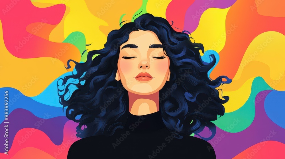 A stylish Japanese woman with curls is highlighted in this vibrant flat illustration, showcasing her fashion sense. A stylish Japanese woman with curls is highlighted in this vibrant flat illustration, showcasing her fashion sense.