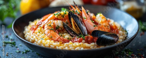 A beautifully plated risotto alla marinara, bursting with vibrant colors. The creamy rice is perfectly cooked, topped with succulent prawns, tender calamari, and mussels still in their shells. Fresh photo