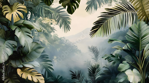 The retro mural photo wallpaper features a tropical forest with graceful leaves in a vintage background graphic painting art card poster print interior