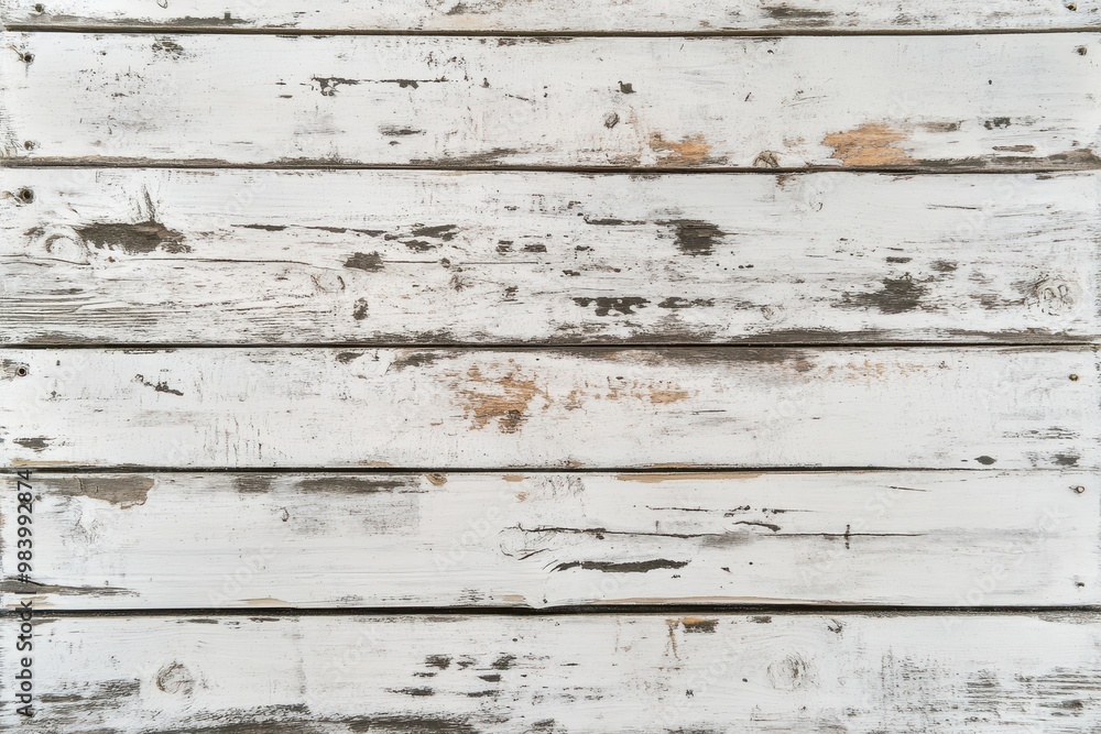 A weathered wooden plank texture painted in white with signs of distress and wear A weathered wooden plank texture painted in white with signs of distress and wear