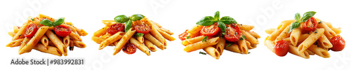 Set, collection of Floating penne pasta with roasted tomato isolated on transparent background. photo