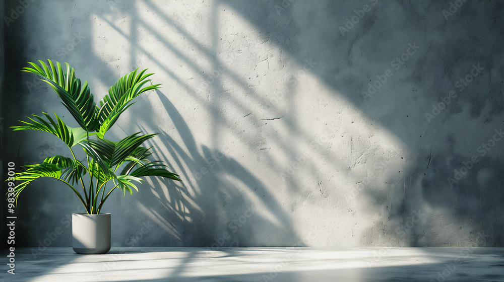 Modern Minimalist Interior with Natural Light and Greenery, Empty wall for text Modern Minimalist Interior with Natural Light and Greenery, Empty wall for text