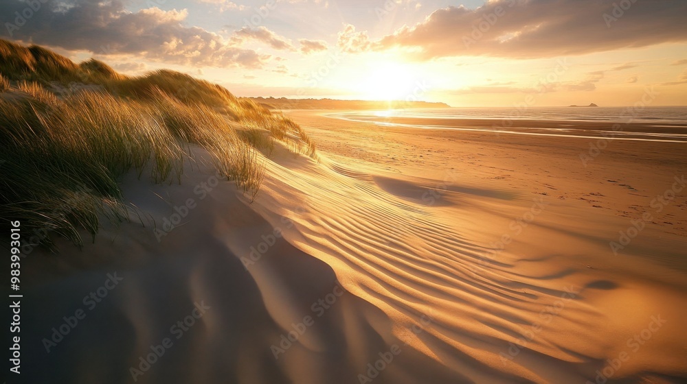Fototapeta premium Rolling sand dunes at a beach with golden sunlight casting long shadows over the landscape at sunset, a peaceful coastal scene