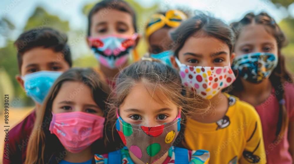A group of diverse children wearing colorful masks showcases unity and joy. Their vibrant expressions reflect sense of togetherness and playfulness. A group of diverse children wearing colorful masks showcases unity and joy. Their vibrant expressions reflect sense of togetherness and playfulness.
