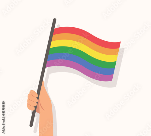 Hand holding rainbow flag. vector illustration
