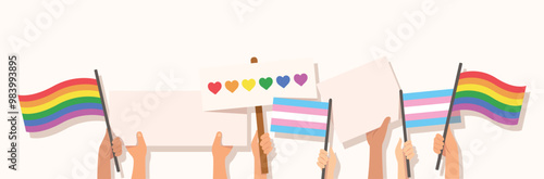 People hold LGBT Pride signs. Hands holding rainbow flag vector illustration