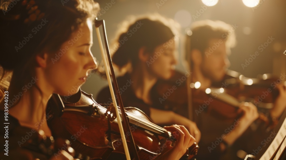 Fototapeta premium Focused musicians play violins in a warm, dimly lit setting. Their expressions show passion and dedication to the music they create.