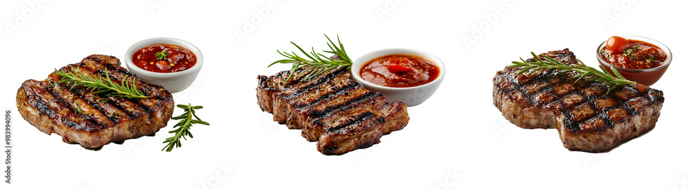 Set, collection of Flying grilled pork steak with tomato sauce chili isolated on transparent background. Set, collection of Flying grilled pork steak with tomato sauce chili isolated on transparent background.