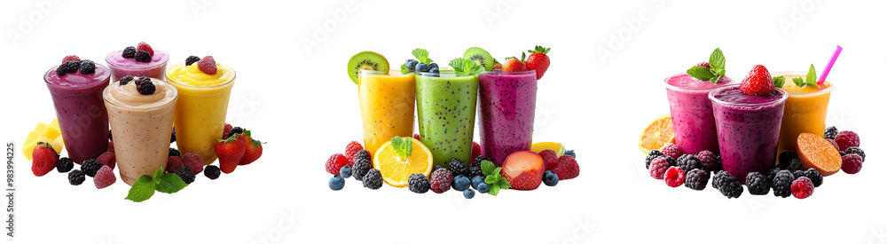 Set, collection of Fresh and delicious smoothies decorated with fruits isolated on transparent background. Set, collection of Fresh and delicious smoothies decorated with fruits isolated on transparent background.