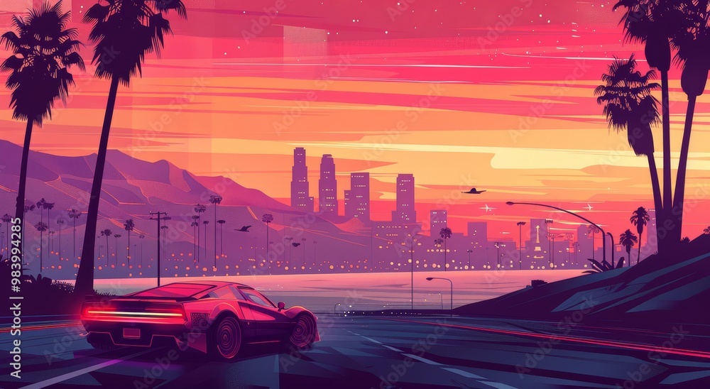Fototapeta premium Vaporwave car, holographic 80s sun and sky. Retrowave neon miami with tropical gradient road. Pink summer glow drive. Nature shine landscape poster. Retro violet cyberpunk palm