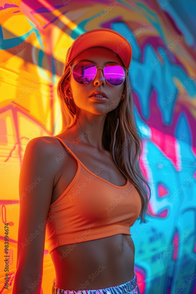Stylish Woman in Orange Top With Reflective Sunglasses Against Graffiti Wall Stylish Woman in Orange Top With Reflective Sunglasses Against Graffiti Wall