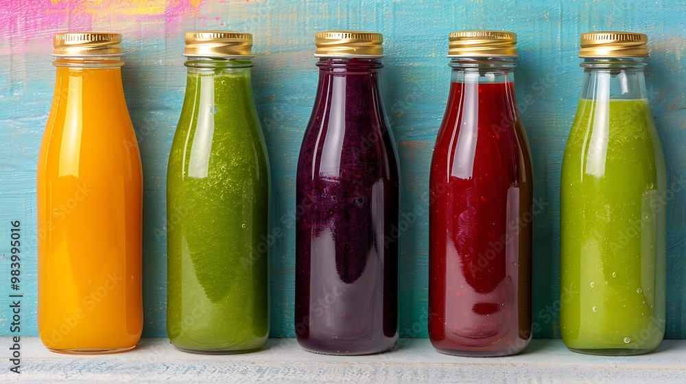 Fresh Juice Detox Smoothies in Bottles on Blue Wooden Background Fresh Juice Detox Smoothies in Bottles on Blue Wooden Background
