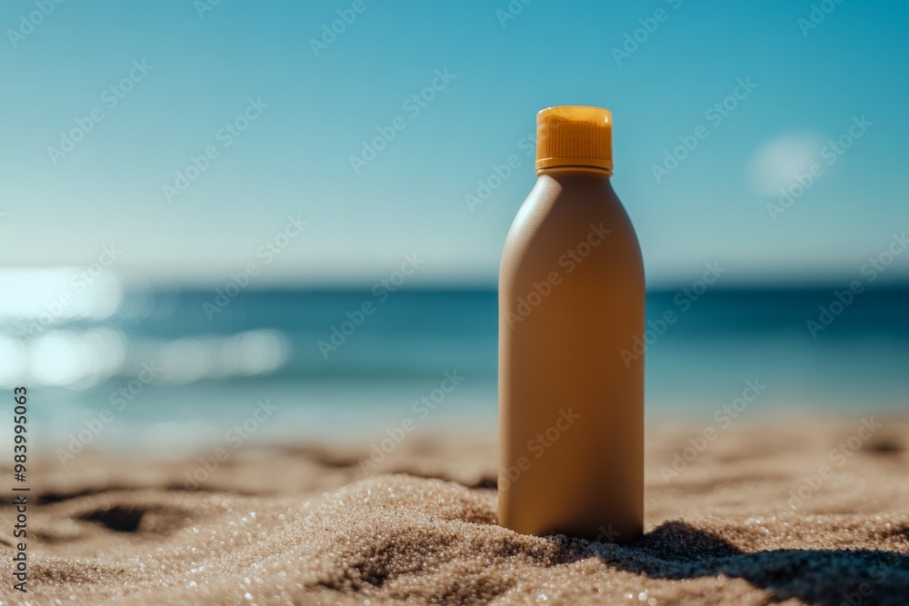 minimalist mockup of brown bottle of sunscreen stands on the beach, under bright sunlight minimalist mockup of brown bottle of sunscreen stands on the beach, under bright sunlight