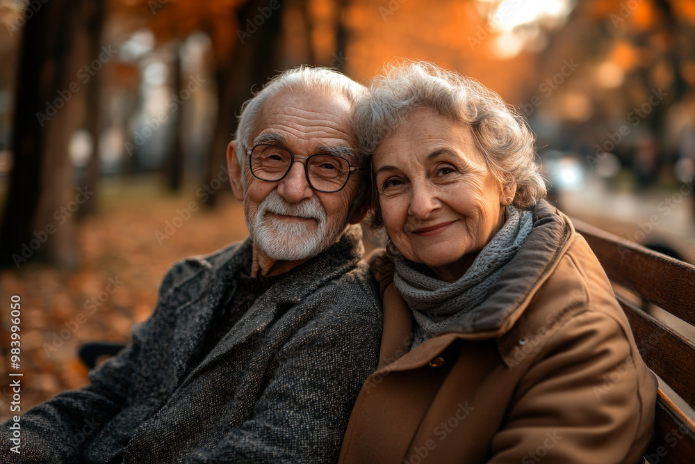 Portrait of a happy senior couple sitting on a bench in a park and looking at the camera, during the autumn season, blurred background. Portrait of a happy senior couple sitting on a bench in a park and looking at the camera, during the autumn season, blurred background.