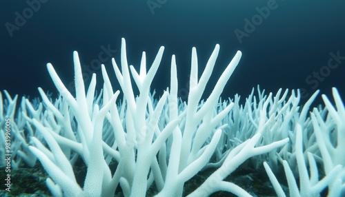 Close-up of bleached coral underwater, symbolizing the devastating effects of climate change, ocean warming, and environmental degradation on marine ecosystems.
 photo