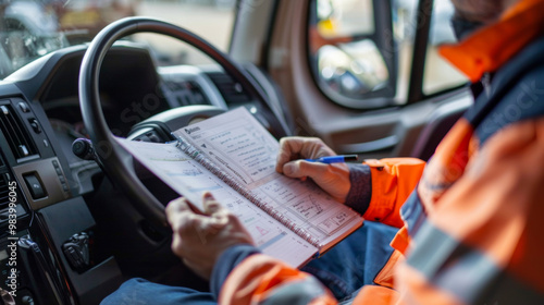 Logging working hours in a logbook while seated in a vehicle, ensuring accurate records for compliance and productivity tracking
