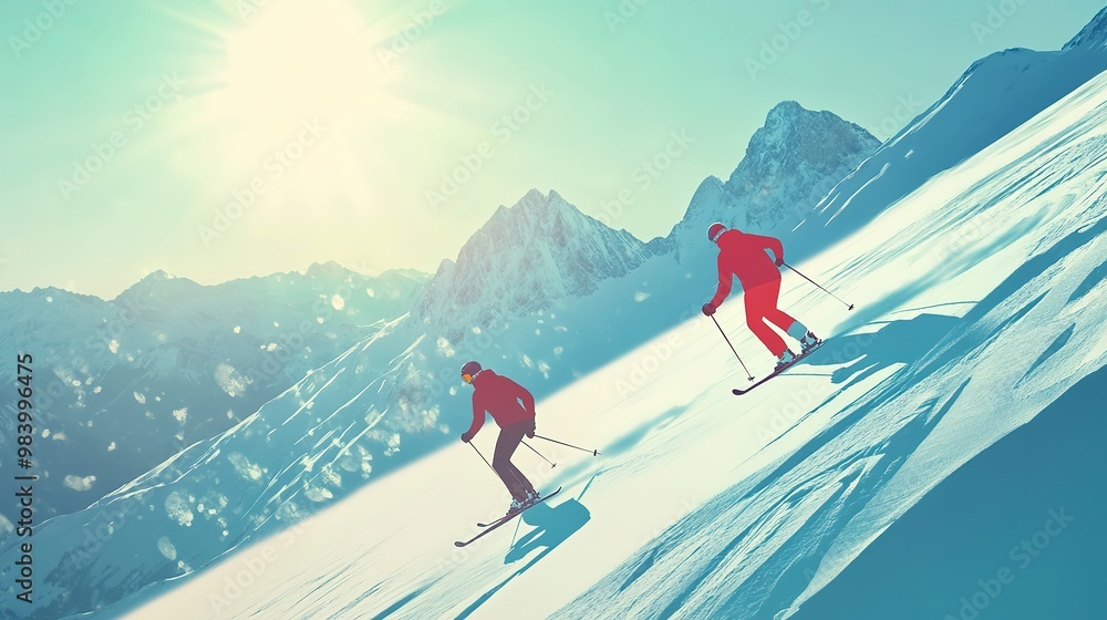 Fototapeta premium Couple on ski slope skiing on sunny day in the alps. 