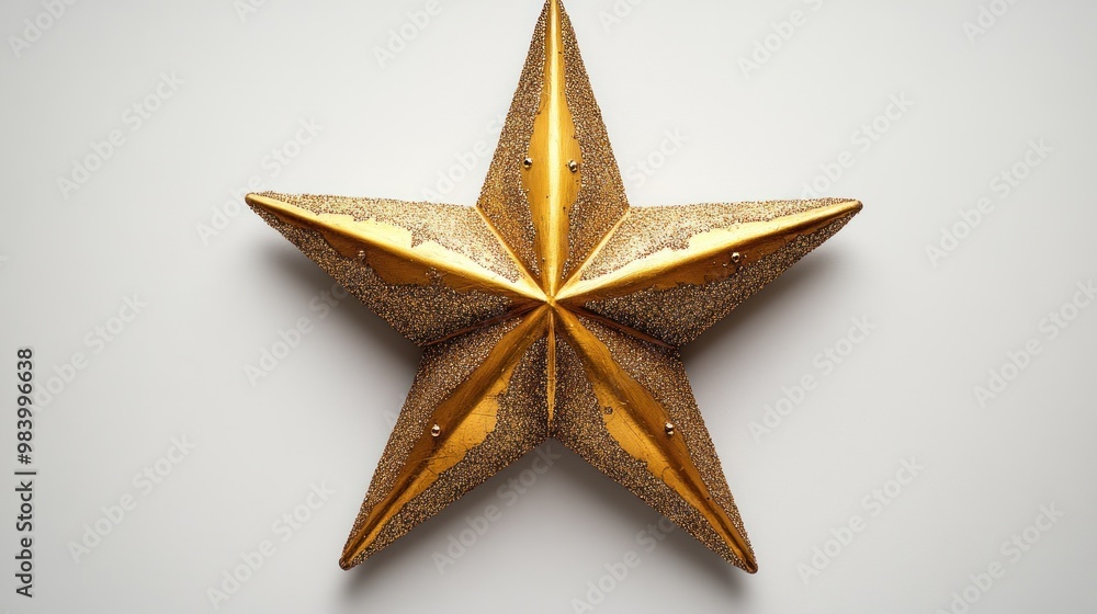 A decorative golden star with a shiny, textured surface. A decorative golden star with a shiny, textured surface.