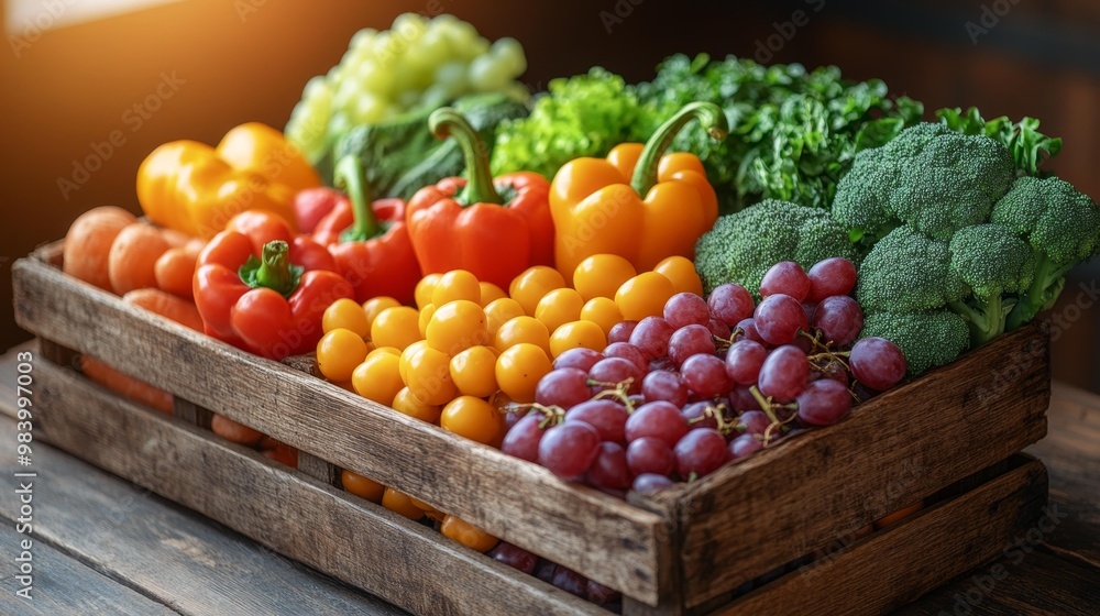 Vibrant Crate of Fresh Vegetables and Grapes Generative AI Vibrant Crate of Fresh Vegetables and Grapes Generative AI