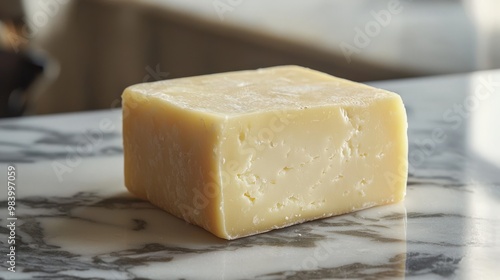 A simple yet elegant presentation of a block of cheese on a marble surface. The cheese is dense and firm, with a pale yellow hue and a smooth, glossy texture. Its corners are sharp, while its surface