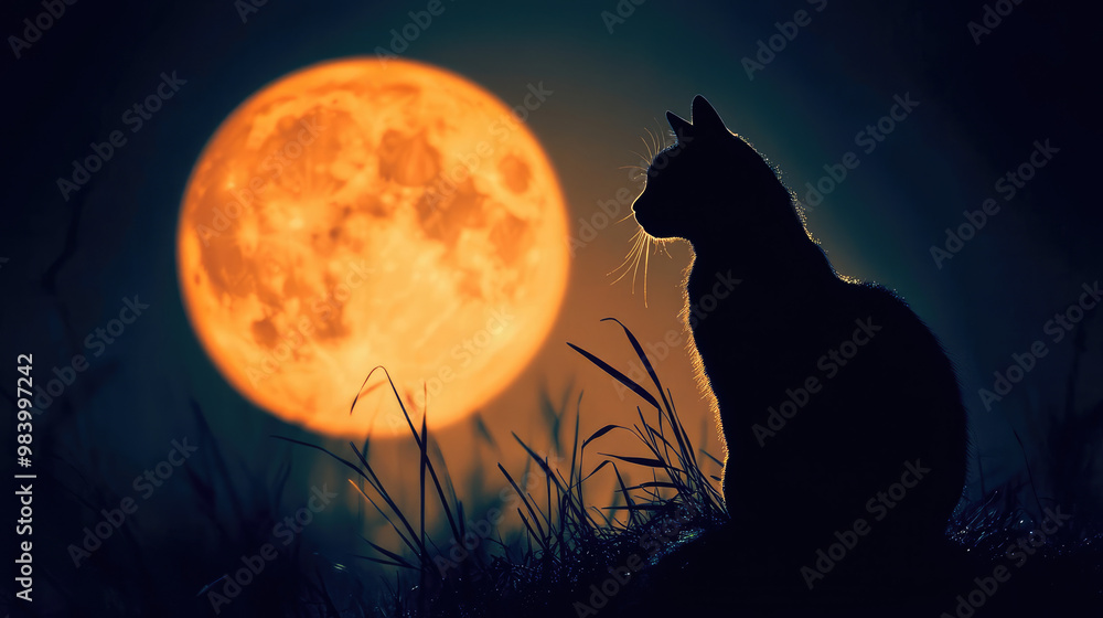 The silhouette of a black cat, its back arched and tail raised in curiosity, is set against the shimmering light of the full moon. The silhouette of a black cat, its back arched and tail raised in curiosity, is set against the shimmering light of the full moon.