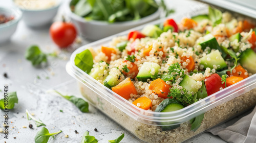 Healthy lunchbox featuring quinoa mixed with fresh vegetables during meal prep at home for a nutritious midday meal