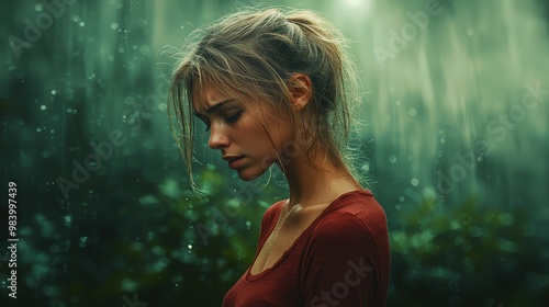 A distressed woman in an outdoor environment, her face showing signs of confusion and deep anguish. She stands with her back slightly hunched, as if weighed down by her emotions. The surrounding