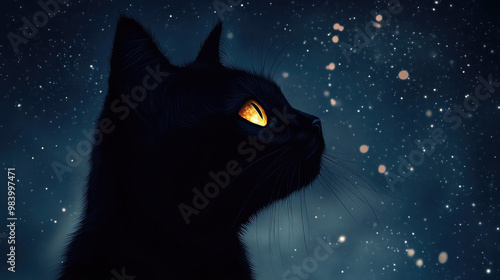 A black cat silhouette stands out against a starry backdrop, its glowing eyes shining like two bright stars, creating a mesmerizing focal point in the night sky.