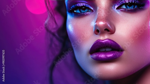 Close-up of a Woman's Eye and Lips with Vibrant Makeup