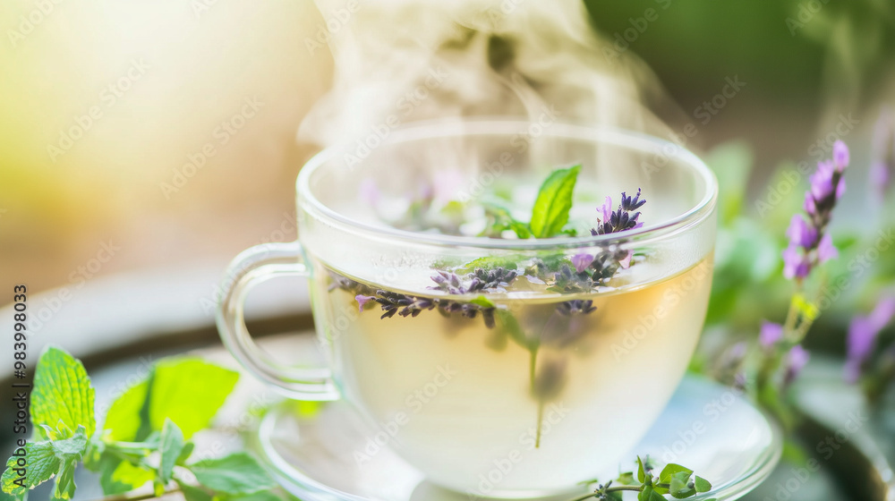 Steaming Cup of Herbal Tea with Fresh Mint, Lavender, and Chamomile on a Table, Alternative Medicine and Holistic Healing Steaming Cup of Herbal Tea with Fresh Mint, Lavender, and Chamomile on a Table, Alternative Medicine and Holistic Healing
