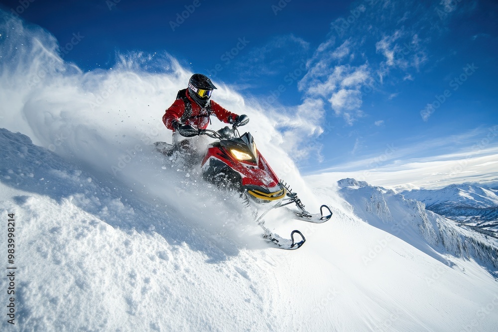 A snowmobiler expertly navigates a snowy landscape, creating a spray of powder. A snowmobiler expertly navigates a snowy landscape, creating a spray of powder.