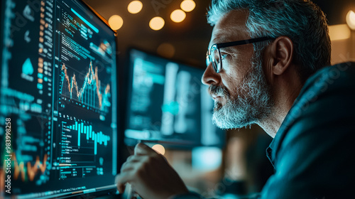 A man is looking at a computer screen with multiple graphs and numbers. AI Generated