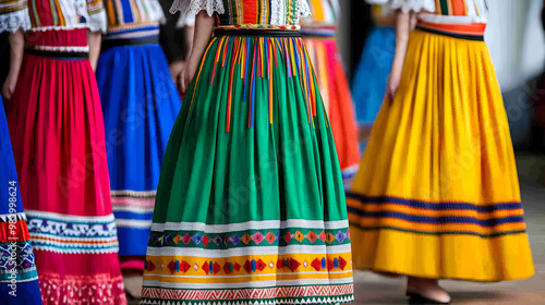 A colorful display of traditional Lithuanian costumes at a folk dance performance in Kaunas