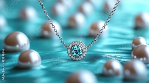 Jewelry, Proposal and Holiday Gift. Fancy Design of a Necklace in Platinum with Diamonds and Aquamarine. Platinum with Round Aquamarine and Diamonds.